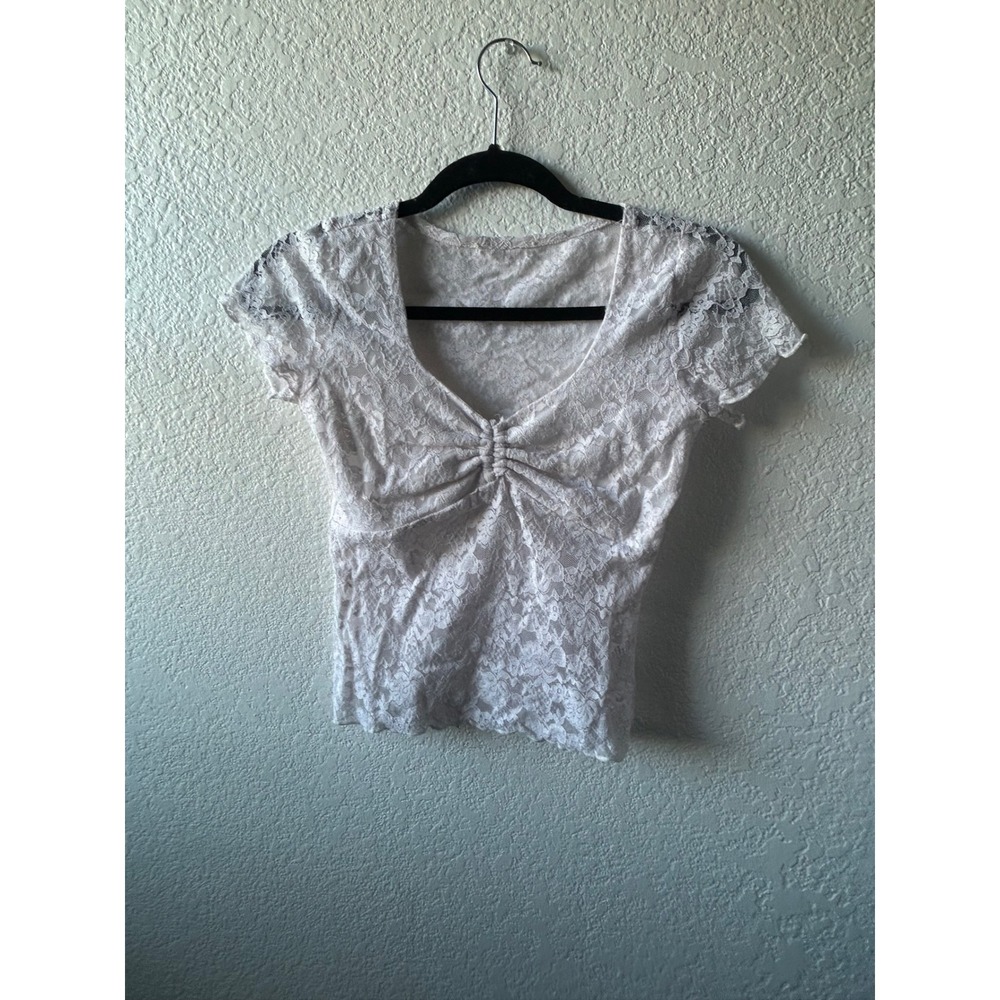 White Floral Lace Ruched Bust V-Neck Short Sleeve‎ Coquette Crop Top S Milkmaid
